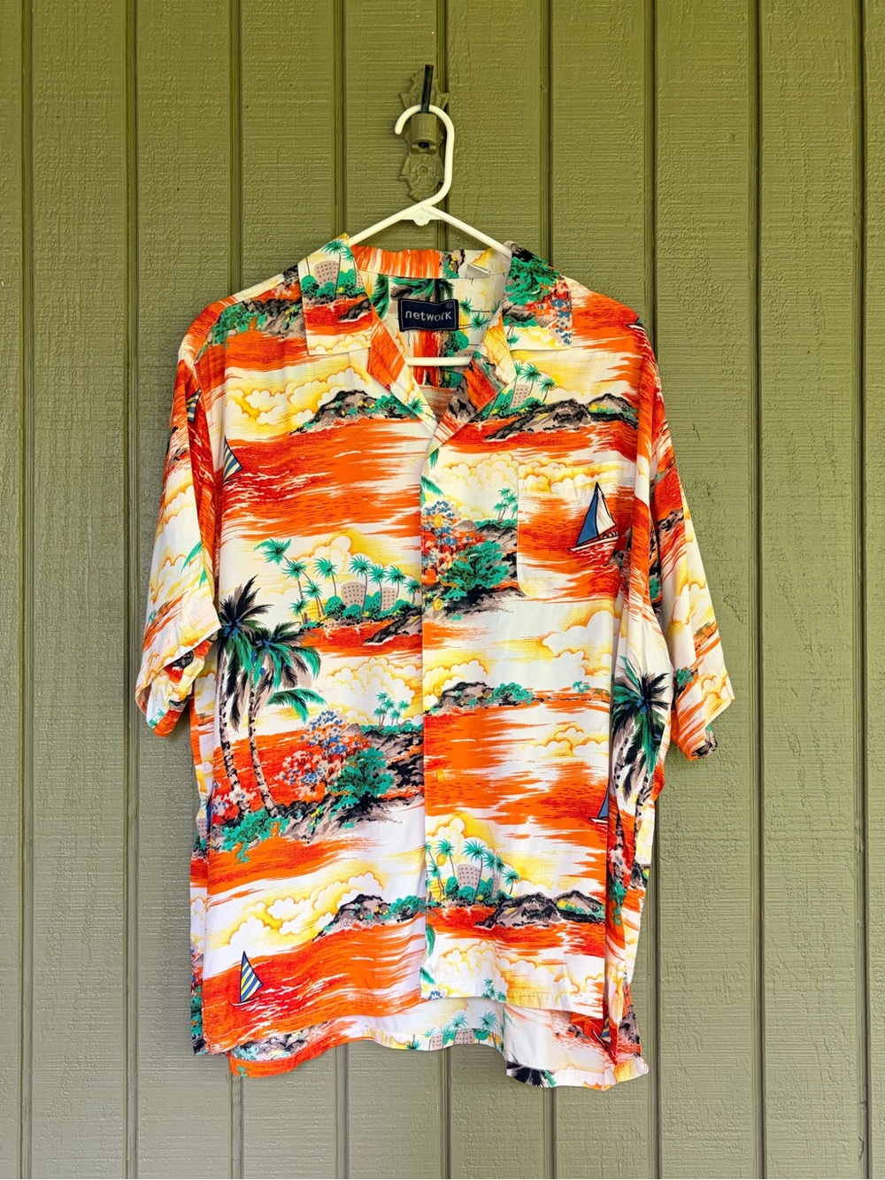 Vintage 90s Network Hawaiian Shirt XL Orange Rayon Sunset Tropical Print